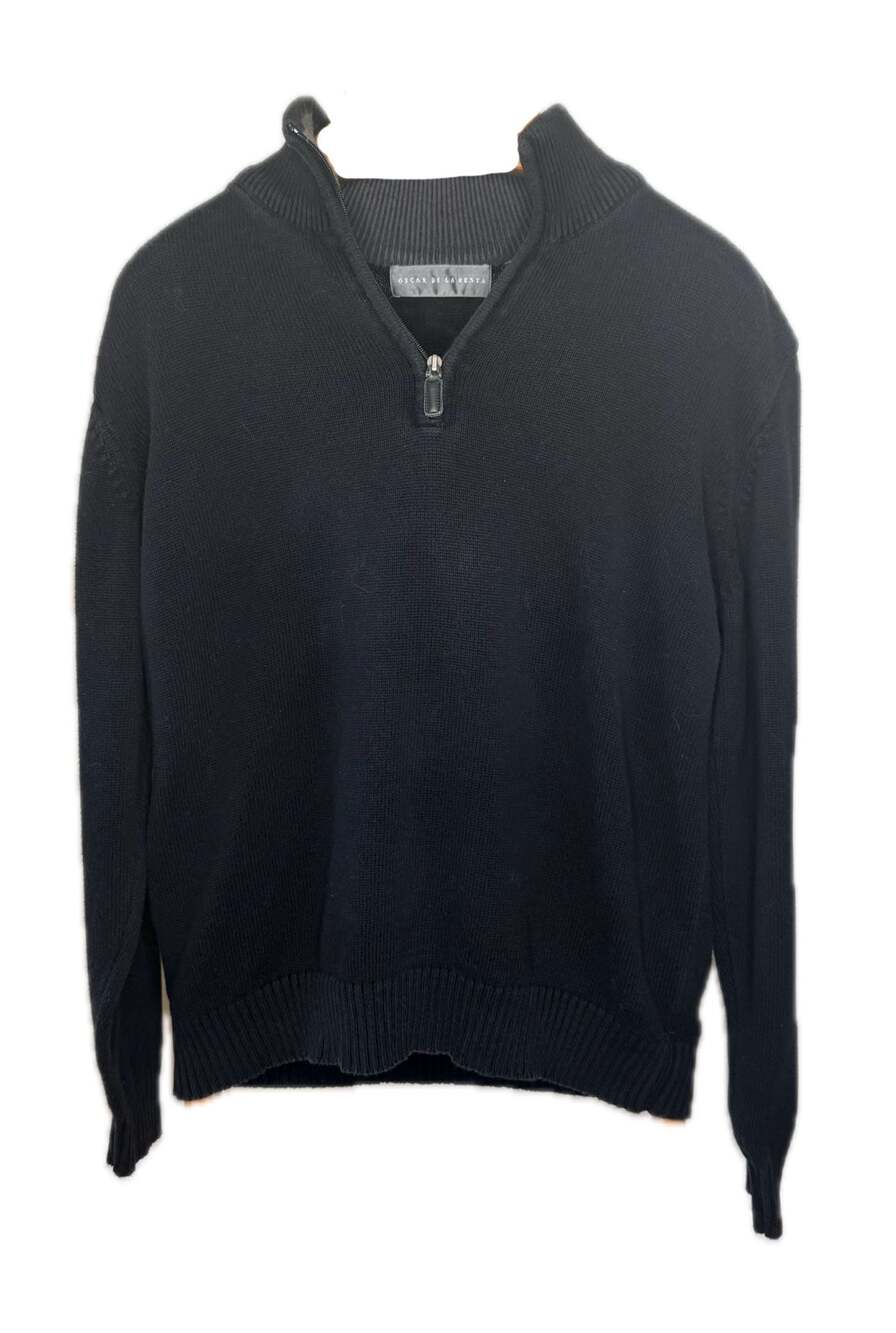 Oscar de la Renta Black Cotton Ribbed Quarter-Zip Pullover